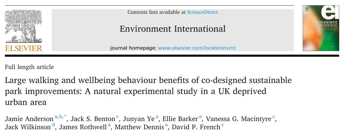 Jack Benton (@jacksbenton) on Twitter photo Thrilled that our paper (led by <a href="/urbanflourish/">Jamie Anderson</a>) has now been published in <a href="/env_int_journal/">Environment International</a>
Our natural experimental study of co-designed sustainable park improvements showed positive impacts on walking and wellbeing behaviours.
sciencedirect.com/science/articl… Thrilled that our paper (led by <a href="/urbanflourish/">Jamie Anderson</a>) has now been published in <a href="/env_int_journal/">Environment International</a>
Our natural experimental study of co-designed sustainable park improvements showed positive impacts on walking and wellbeing behaviours.
sciencedirect.com/science/articl…