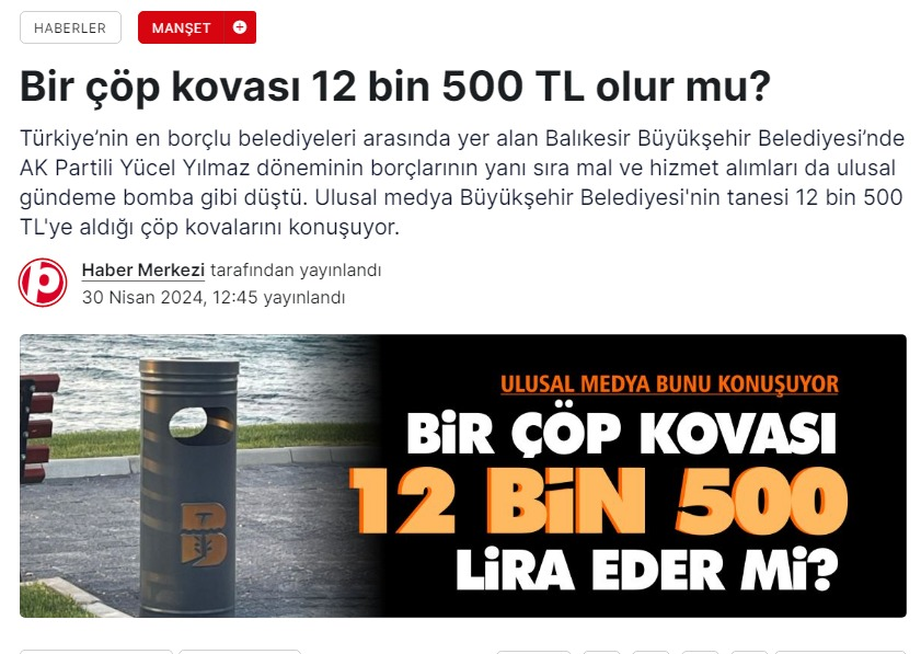 Sözcü’de yayımlanan Deniz Ayhan imzalı habere göre, 10 Kasım 2021’de 1 milyon 148 bin TL’ye 500 adet çöp kovası alındı. Çöp kovalarının tanesi 2 bin 296 TL’ye mal edildi. 2 yılda 22.5 milyon TL dairesel, logolu çöp kovalarına gitti. Emekliye kaynak yok #MuhalefetErkenSeçime