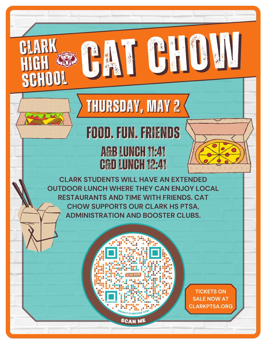 ClarkHSWildcats's tweet photo. On Thursday, May 2nd, Clark students will have an amazing extended lunch outdoors. You will enjoy local restaurants at food booths, with a DJ playing music and providing entertainment. 🐾🍕🍔🍟🎶
TICKETS:
https://t.co/2mIZ5YdG3w
#clarkhswildcats https://t.co/WdsajVQwPb