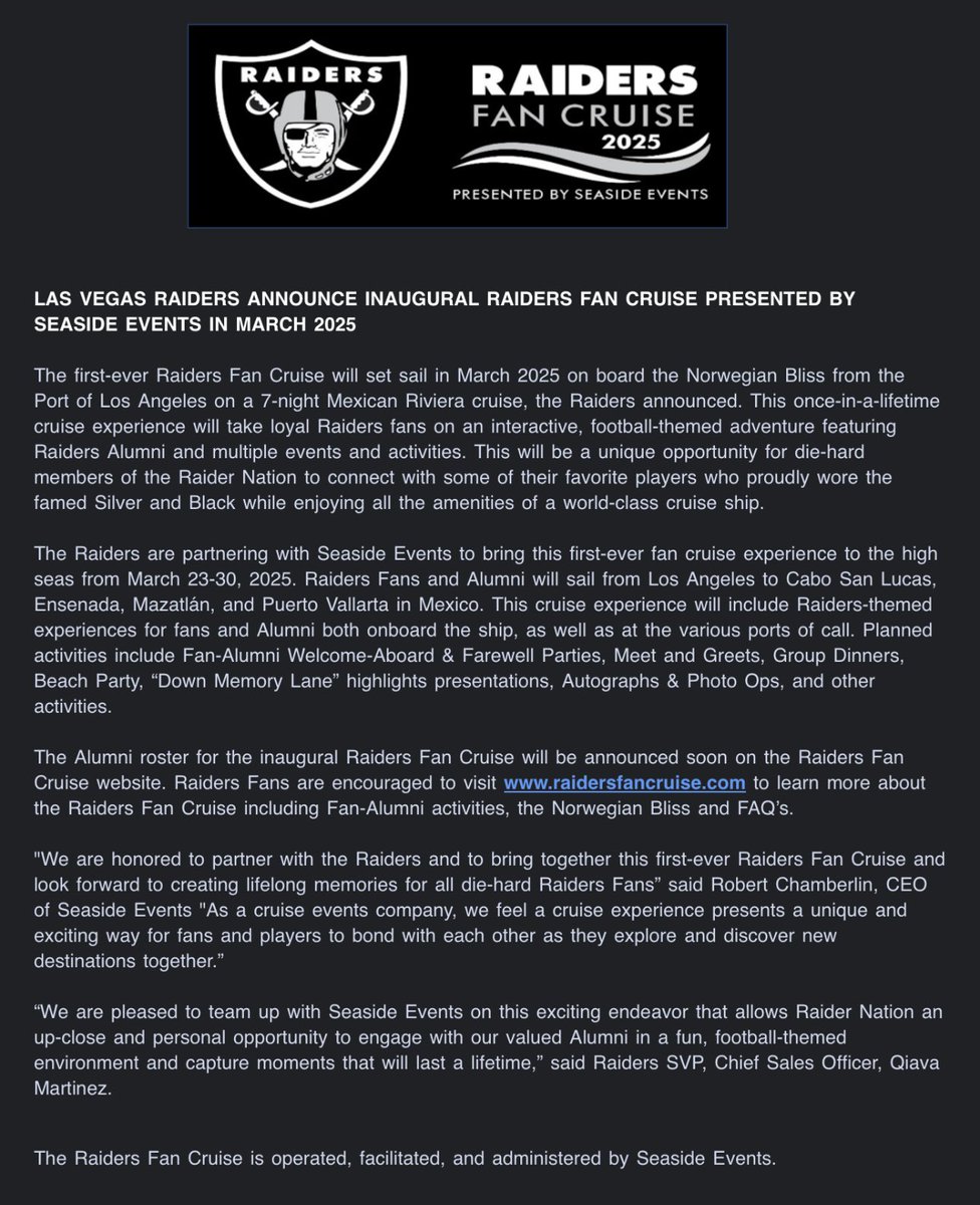 The Raiders are partnering w/ Seaside Events on the Raiders Fan Cruise. Planned for March 23-30, 2025, Raiders Fans and Alumni will participate in Raiders-themed experiences during the 7-night Mexican Riviera cruise. #vegas #raiders #RaiderNation