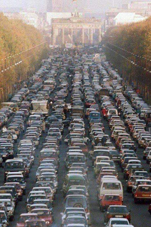 Freedom will always defeat totalitarianism. 

Traffic jam in Berlin in 1989. Residents of East Germany move to West Berlin after the fall of the Berlin Wall.