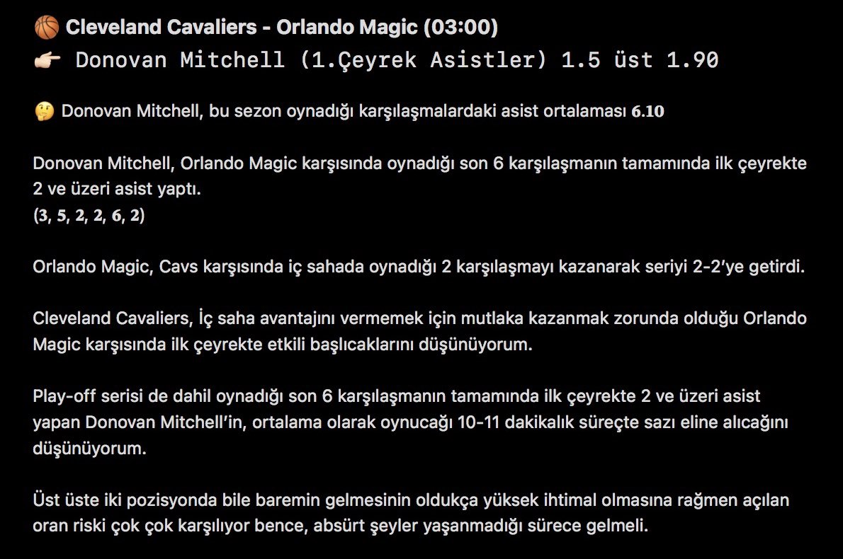 Bugünkü tercihimi ve tercihime dair açıklamaları ekte bulabilirsiniz.

İyi şanslar 🍀 #bahis #nba   #NBAPlayoffs