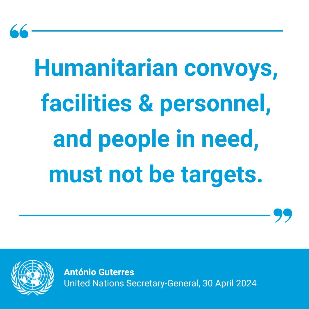 'Humanitarian convoys, facilities & personnel, and people in need, must not be targets.' @antonioguterres again calls on Israeli authorities to allow & facilitate safe, rapid & unimpeded access for humanitarian aid & humanitarian workers throughout Gaza.