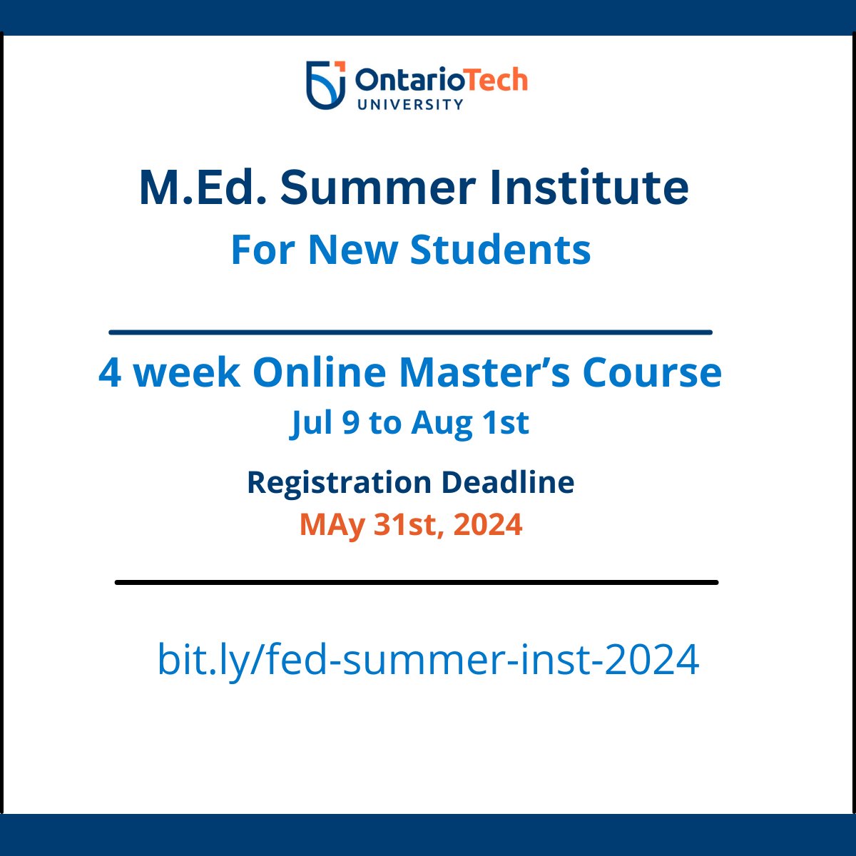 OT_FED's tweet image. Ontario Tech is launching our first-ever Master of Education Online Summer Institute (July 9th to Aug 1st). See bit.ly/fed-summer-ins…

This program allows new students to try out and receive credit for a Master&apos;s level course at a reduced cost.
#k12 #teachers #teachertwitter