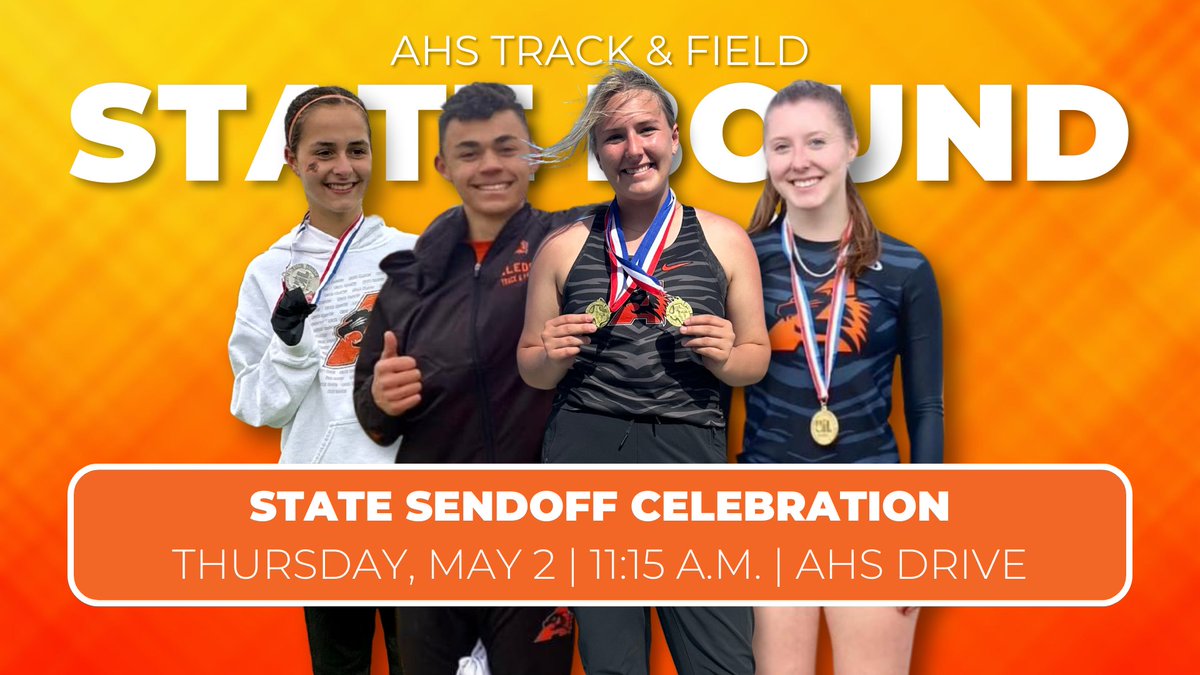 We're sending off our STATE BOUND Track and Field student-athletes on Thursday! Join us to wish them good luck!🍀 ⌚️11:15AM 📅Thursday, May 2 📍Drive between AHS & AISD administration Building #UILState #AllinAledo #GrowingGreatness @AledoAthletics @coachbbelk