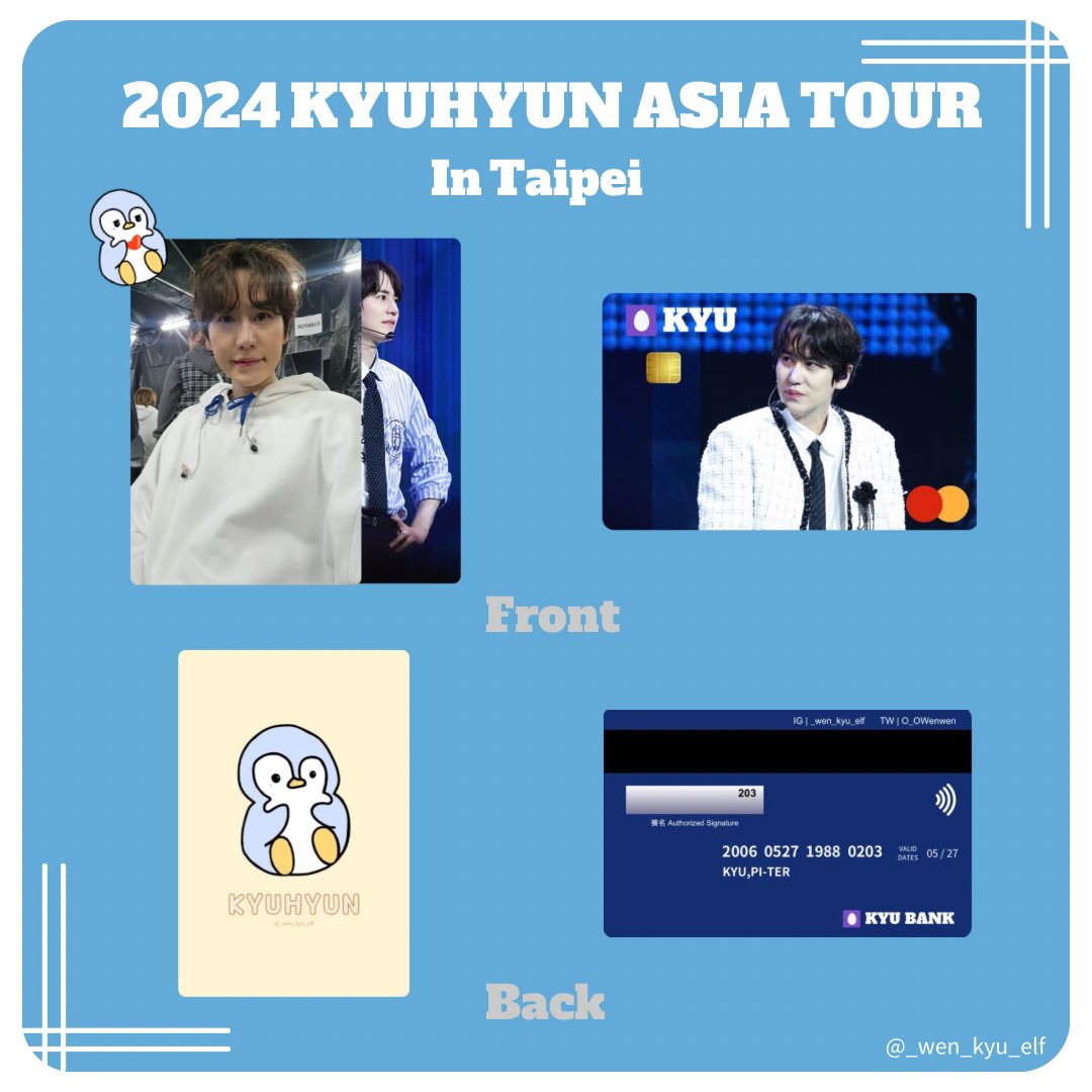 2024 KYUHYUN ASIA TOUR in TAIPEI 

這次圭賢演唱會特別準備了小小的應援♡

🐧一份有兩張自印小卡和一張PVC卡

🐧日期：5/4-5/5
🐧數量：一天15份
🐧領取資格：ELF / KYUpiter ♡

🐧歡迎大家來領取♡

#KYUHYUN #규현