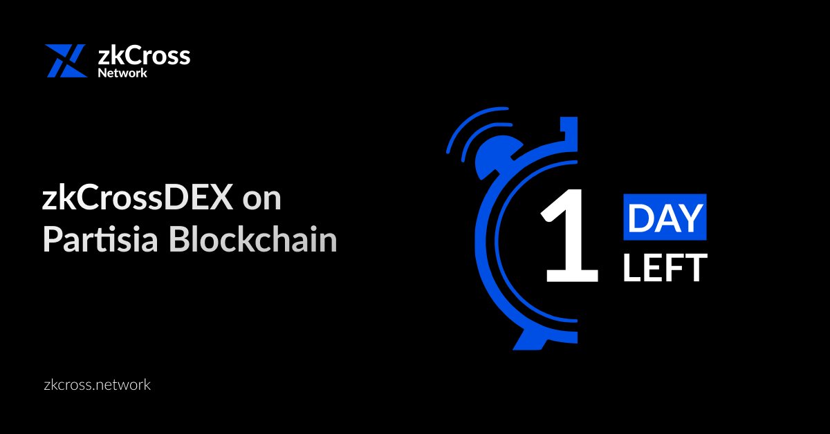 ⌛ 1 Day to Go! 

Tomorrow we launch zkCrossDEX on Partisia, setting a new standard in #blockchain interoperability.

Don't miss out on the future of #DeFi. 🔜   

Join the Alpha community: t.me/zkcrossnetwork

$CROSS $MPC #partisiablockchain