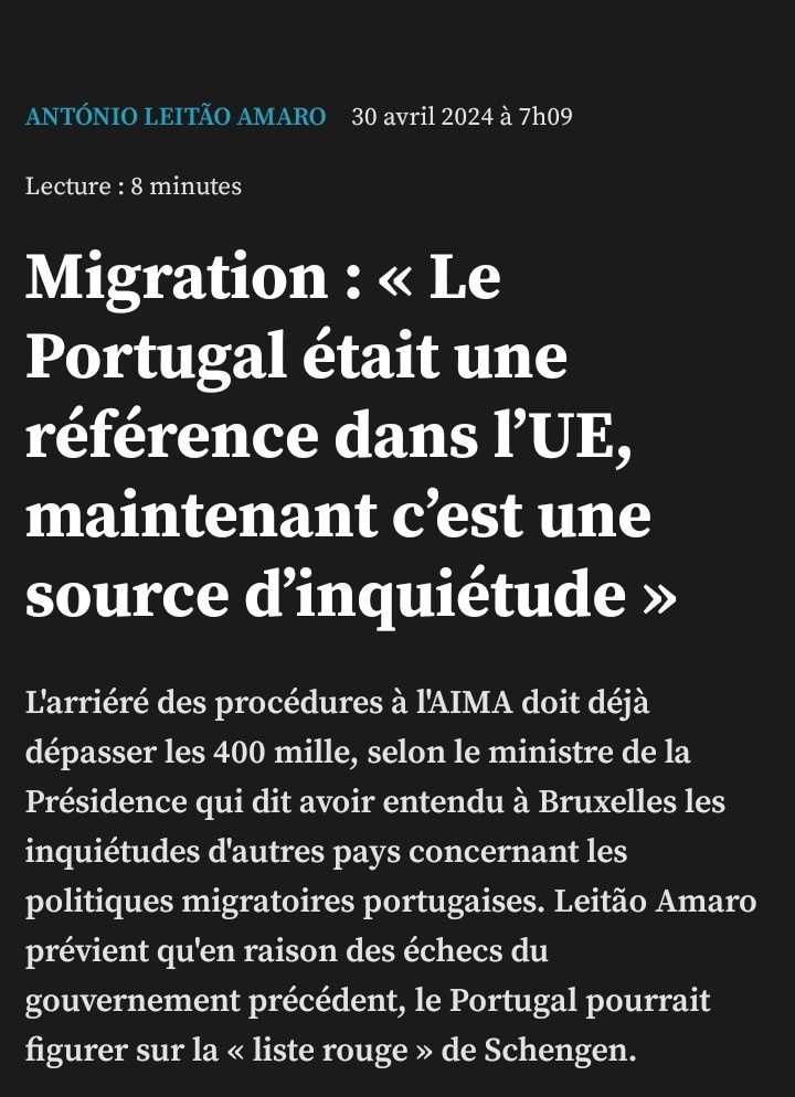 PortugalActus's tweet image. 🇵🇹|
30 avril 2024 

#Migrations 

Diário de Notícias ( 🗞️@dntwit  @lemondefr 🇵🇹) 
Le Portugal pourrait figurer sur la liste rouge de Schengen.

dn.pt/5636655486/mig…