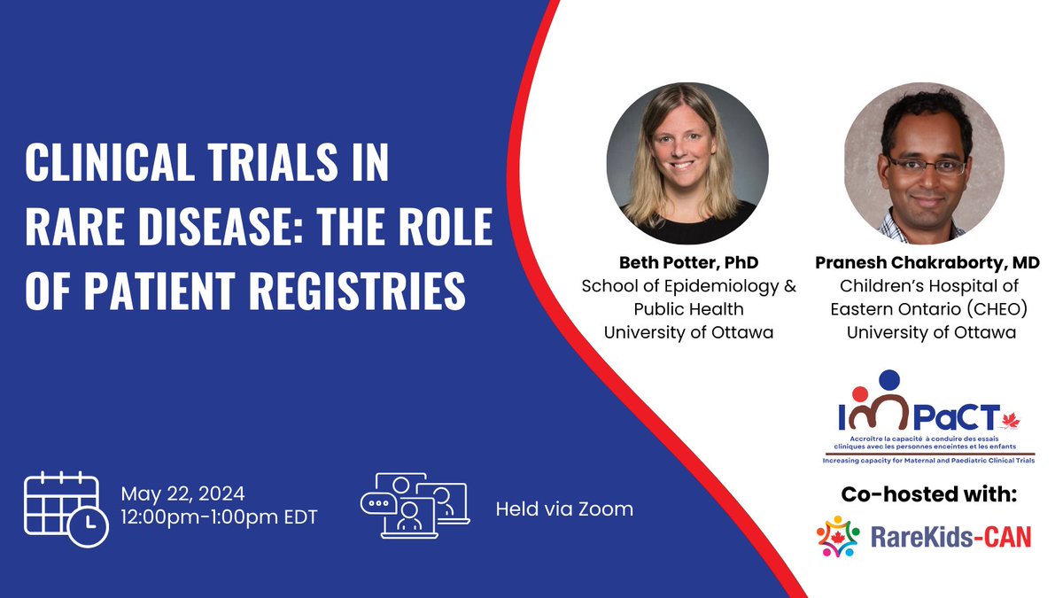 Join us to learn from @BethPotter4 and @pchakottawa on the role of patient registries in rare disease clinical trials. 🌟 Hosted by IMPaCT and RareKids-CAN 🌟 Don’t miss out, register today!  bit.ly/3We73ZA