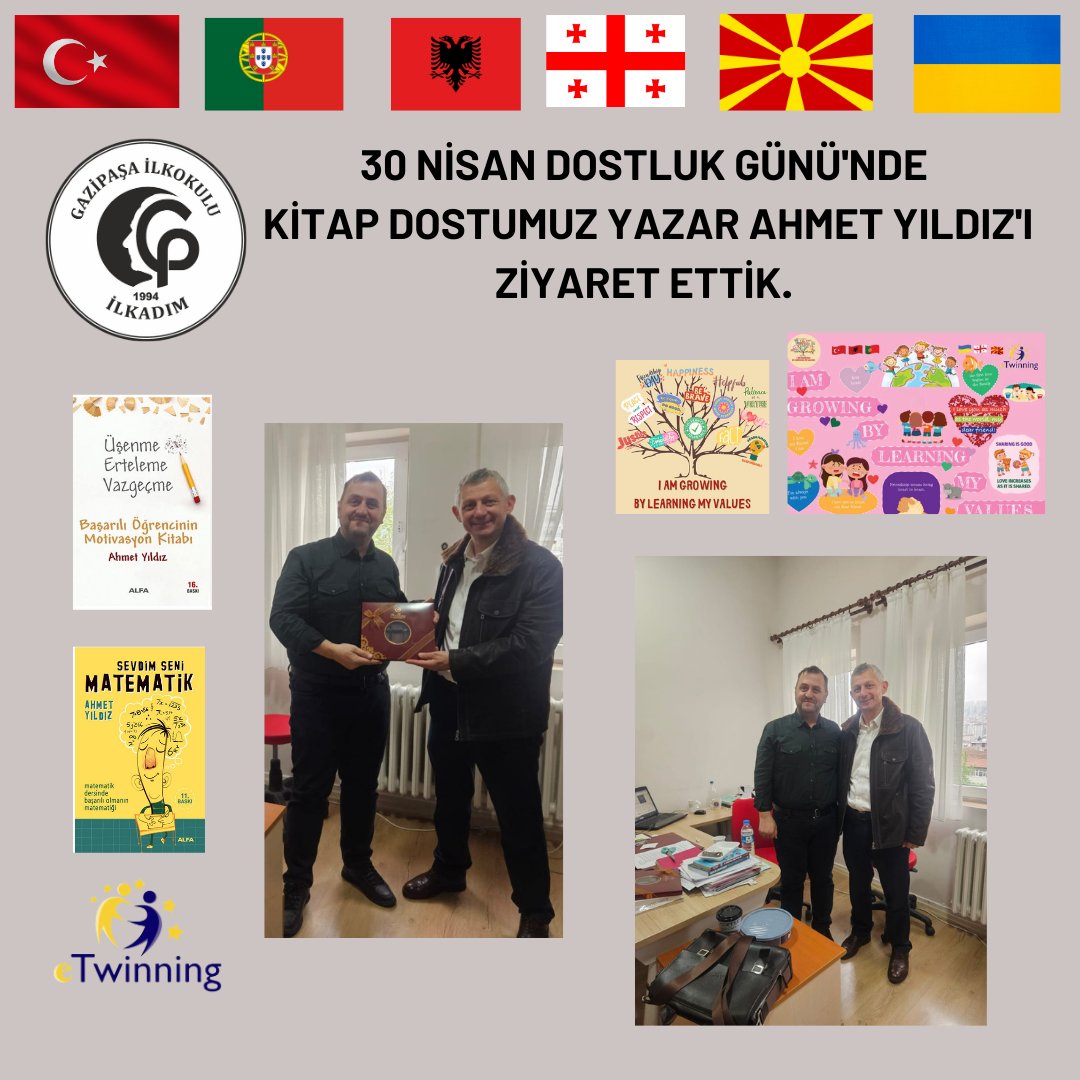 30 Nisan Dünya Dostluk Günün'de Yazar Ahmet YILDIZ ile buluştuk ve Kitap Dostları buluşuyor Yazar -Okur buluşmasındaki katkılarından dolayı proje öğretmen ve öğrencileri adına teşekkürlerimizi ilettik .
<a href="/ayildizpdr/">Ahmet Yıldız</a> 
<a href="/RIZVANCERRAHOL2/">RIZVAN CERRAHOĞLU</a> 
<a href="/eTwinning_ist/">eTwinning İstanbul</a> 
<a href="/samsunmem/">Samsun İl Milli Eğitim Müdürlüğü</a> 
<a href="/Gazipasa55/">Gazipaşa İlkokulu</a>
