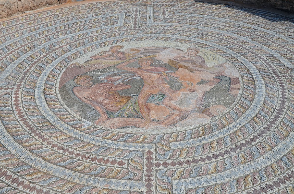 Mosaic depicting Theseus slaying the Minotaur. On the upper right we have the personification of Crete, on the left we have Ariadne and the personification of the Labyrinth. 

Easy to read with inscriptions, as all mosaics in Paphos 🇨🇾