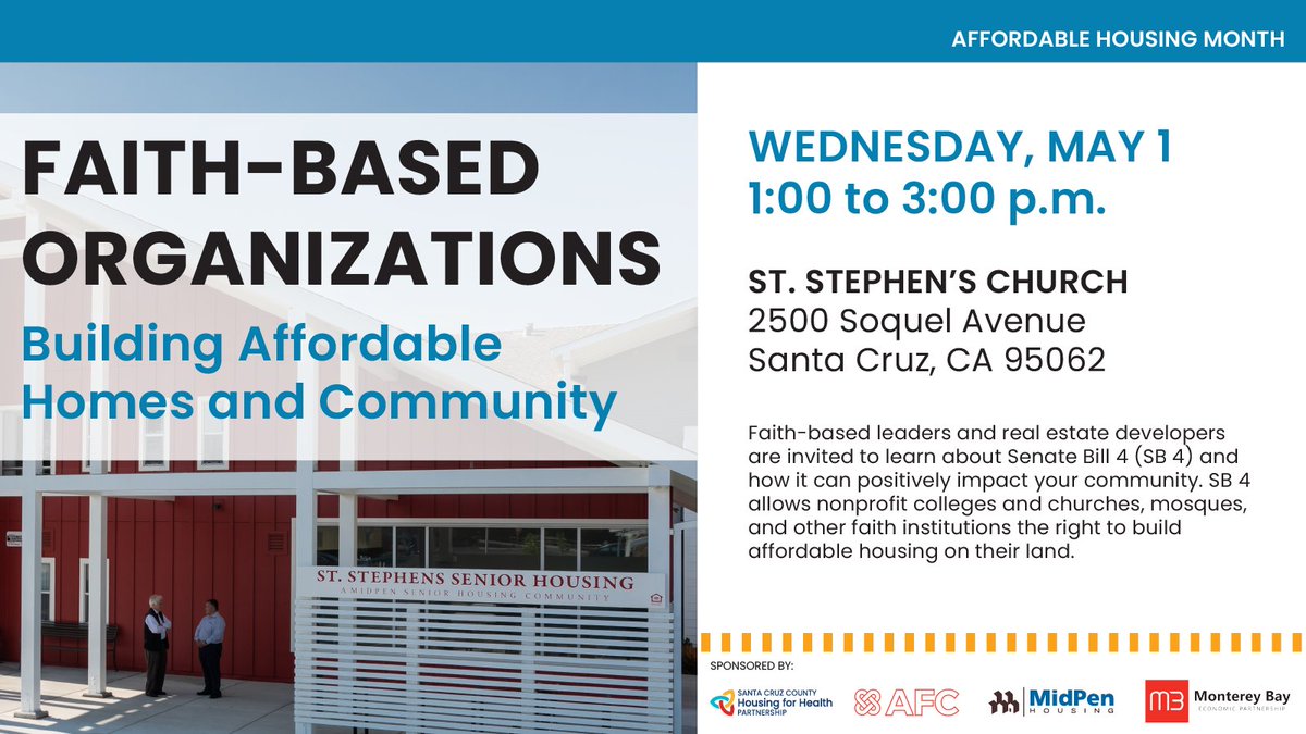 Join us on 5/1 with the Housing for Health Partnership, Association of Faith Communities, and Monterey Bay Economic Partnership! RSVP: mailchi.mp/santacruzcount…