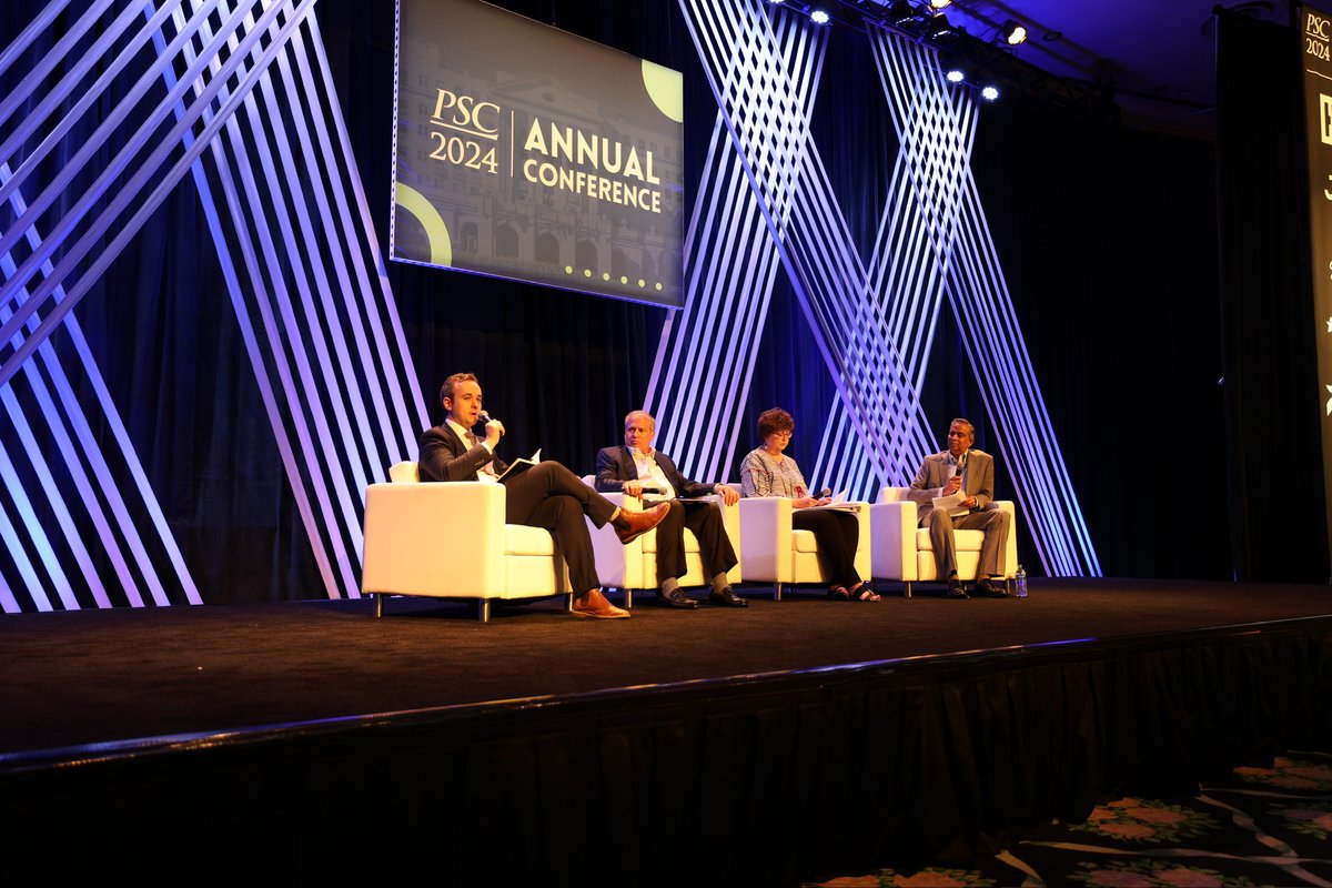 Happening Now! A panel on roadmaps to growth with Cos DiMaggio from BrainGu, Mikhail Grinberg from Renaissance Strategic Advisors, Paige Smith @USGAO, and moderated by PV Puvvada @_NetImpact. #PSCAnnual2024