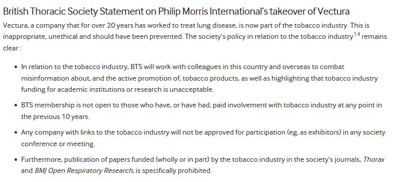 BTS statement on Vectura becoming part of the tobacco industry. thorax.bmj.com/content/77/6/5… @BTSrespiratory @ThoraxBMJ /n