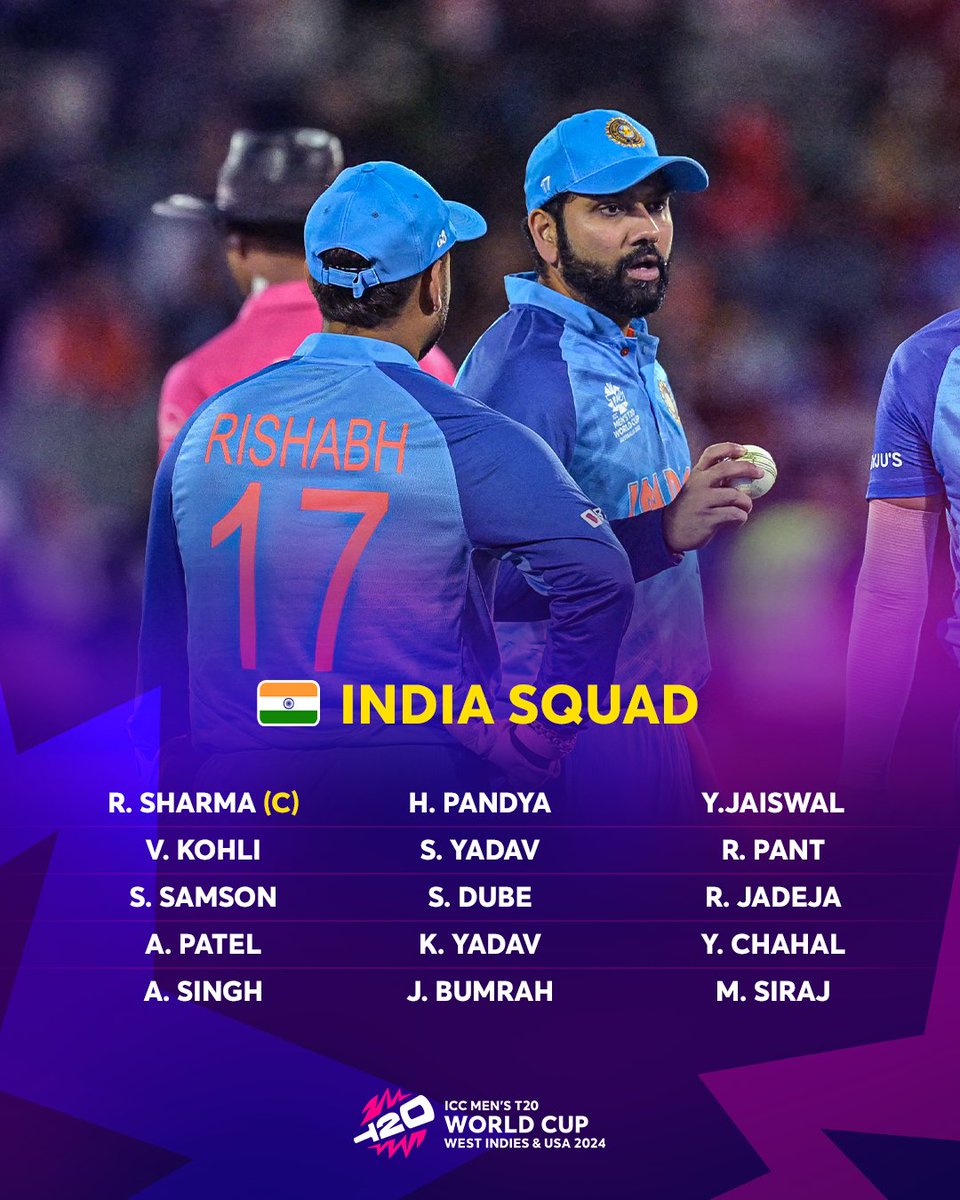 ICC Men’s #T20WorldCup 2024 squad.  For #IndiaTeam 
Wellcome @RishabhPant17 is Back.
.
#T20WorldCup24 #IndiaSquad #IndianCricketTeam 
#RohitSharma