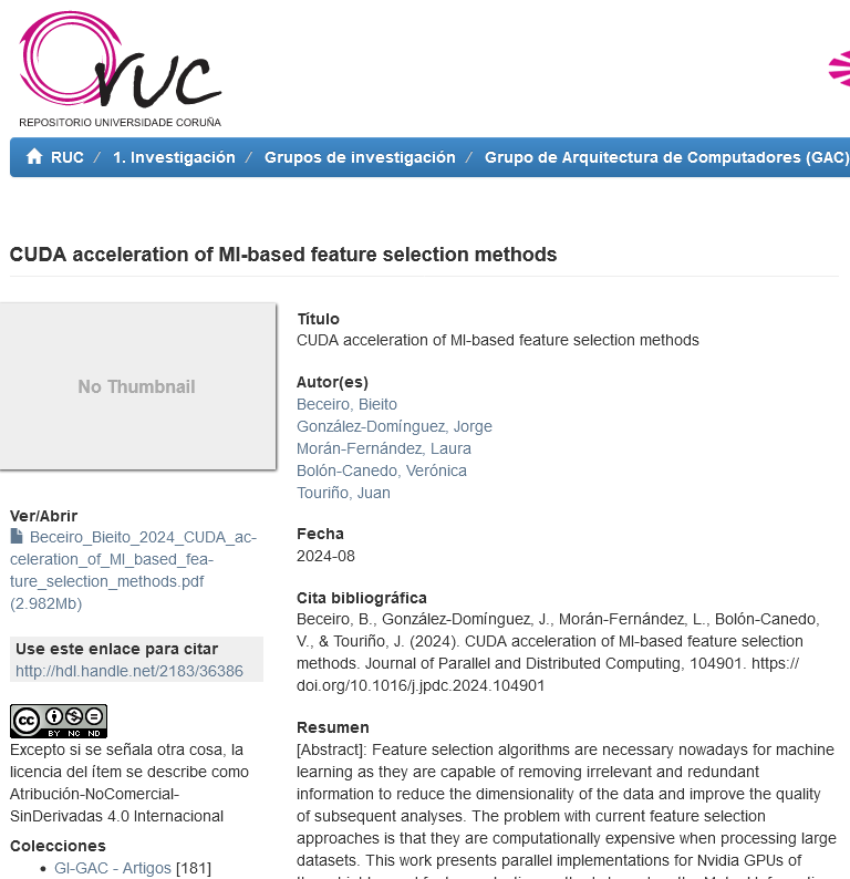 📰 Xa podedes consultar no #RUC e en #Zenodo o artigo de investigadores dos grupos #GAC e #LIDIA da @FIC_UDC: 'CUDA acceleration of MI-based feature selection methods' (doi.org/10.1016/j.jpdc…). hdl.handle.net/2183/36386 & zenodo.org/uploads/110939….