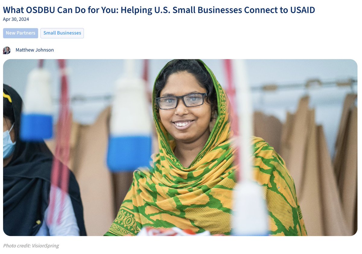 Is your U.S. small business interested in working with @USAID? If so, you need to know about USAID’s Office of Small and Disadvantaged Business Utilization (OSDBU)! Read this blog to find out what OSDBU can do for YOU: workwithusaid.gov/en/blog/what-o… #SmallBusinessWeek #WorkWithUSAID