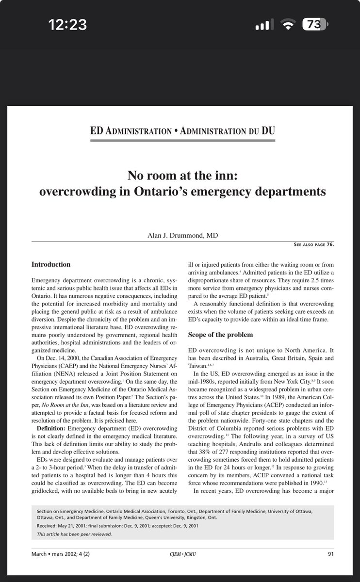 'No room at the inn' - 22 years ago by Dr. Drummond. The state of the nation has only worsened. Patients remain in ER, they die in ER - I attest to this reality. @CAEP_Docs @alandrummond2 caep.ca/periodicals/Vo…