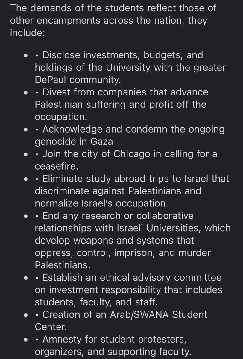 NOW: Dozens have set up tents on the Quad at DePaul University as the latest of the nationwide campus encampment protests for Gaza. They've set forth a list of demands for DePaul, attached. More to come via @BlockClubCHI