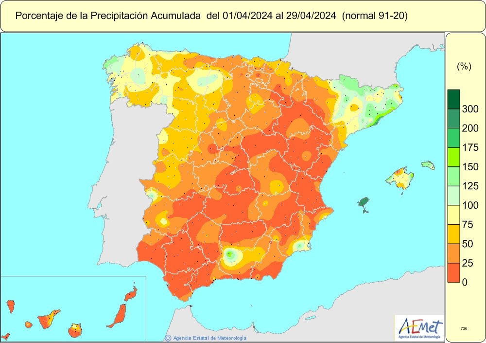 En el SE abril ha tenido un carácter seco o muy seco. Se salvan algunas comarcas que puntualmente han tenido un carácter húmedo🌧️🌧️: 🔵 Granada: Montes, Loja y Vega de Granada 🔵 Jaén: Sierra Sur 🔵 Murcia: Campo de Cartagena