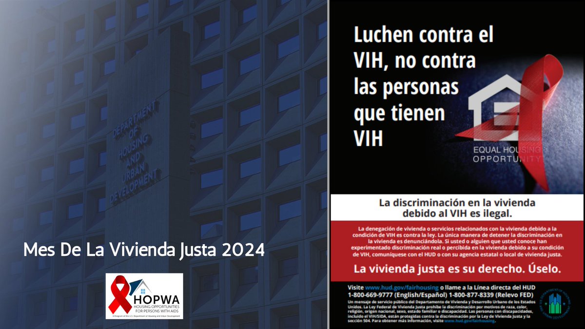 ¿Sabías que? Las personas que viven con VIH son protegidos por la Ley de Vivienda Justa. Si usted está sufriendo de discriminación de Vivienda, puede presentar una denuncia a hud.gov/program_office…

#MesDeLaViviendaJusta