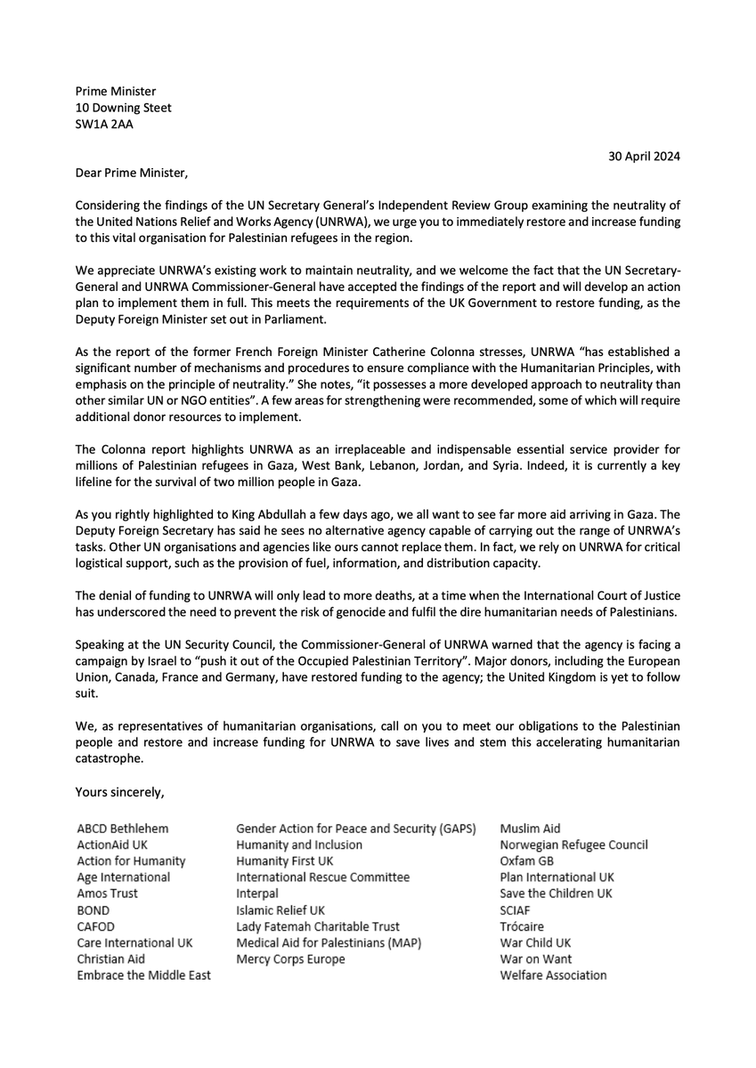 Alongside 28 other organisations, we're urging @RishiSunak to immediately restore and increase funding to UNRWA. The denial of funding will only lead to more deaths, at a time when the International Court of Justice has underscored the need to prevent the risk of genocide and