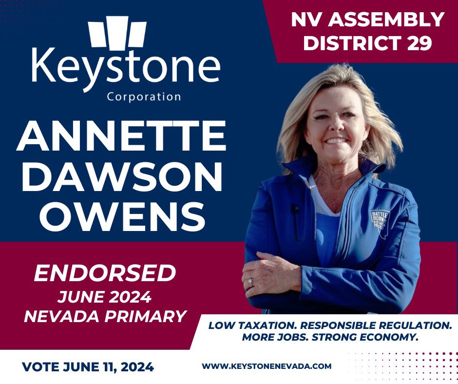 I am honored to receive the endorsement of the @KeystoneCorpNV! Keystone has been a strong advocate for Nevada's business community and I share their commitment to ensuring that Nevada remains a beacon of opportunity for entrepreneurs and job creators. #VoteOwens