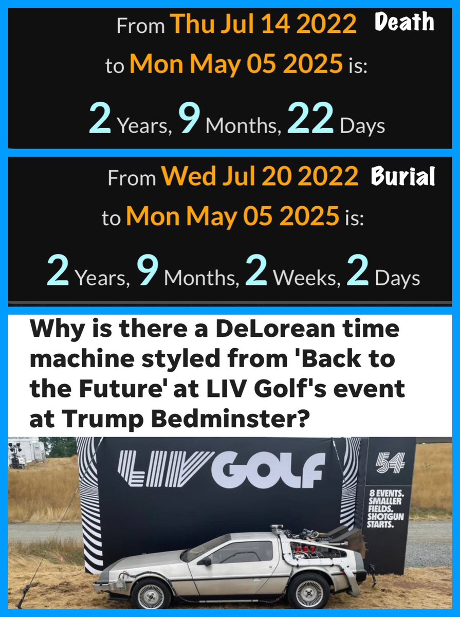 😳😳😳
Ok — this is crazy!

Ivana Trump died on 7/14/2022

She was buried on 7/20/2022

Remember, she was buried at Trump Bedminster with the DeLorean car. 
88
Her death/burial to Orthodox Easter 
922😳
