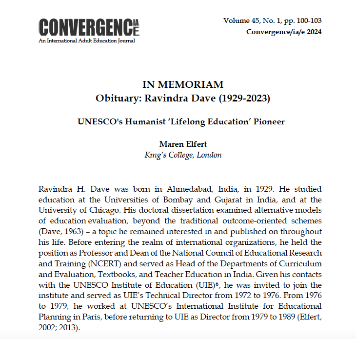 A Pioneer of UNESCO's Humanist 'Lifelong Education' Master Concept. My obituary of Ravindra Dave (1929-2023), just published in 'Convergence'. The full text can be found here: shorturl.at/yHUVX