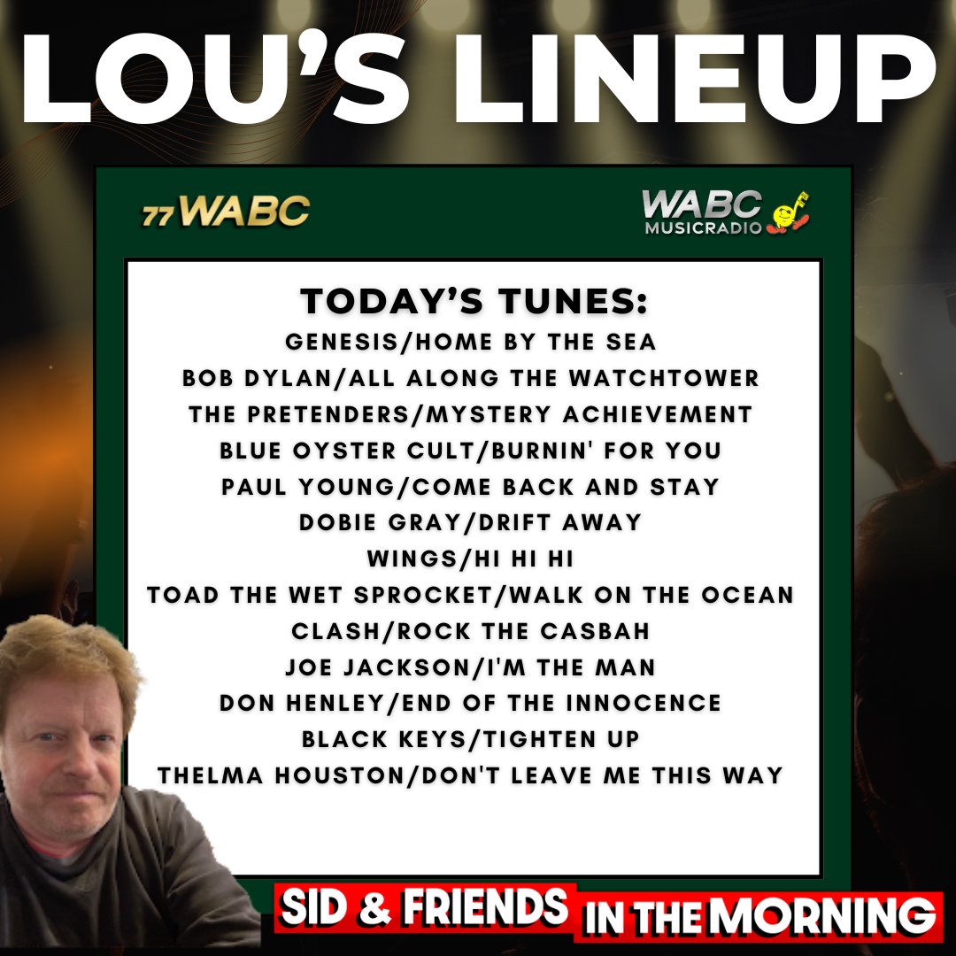 And now... it's time for LOU'S LINEUP! Listen to Sid and Friends In The Morning from 6AM-10AM EST on wabcradio.com or on the 77 WABC app! FULL #TUESDAY PLAYLIST HERE: wabcradio.com/2024/04/30/lou…