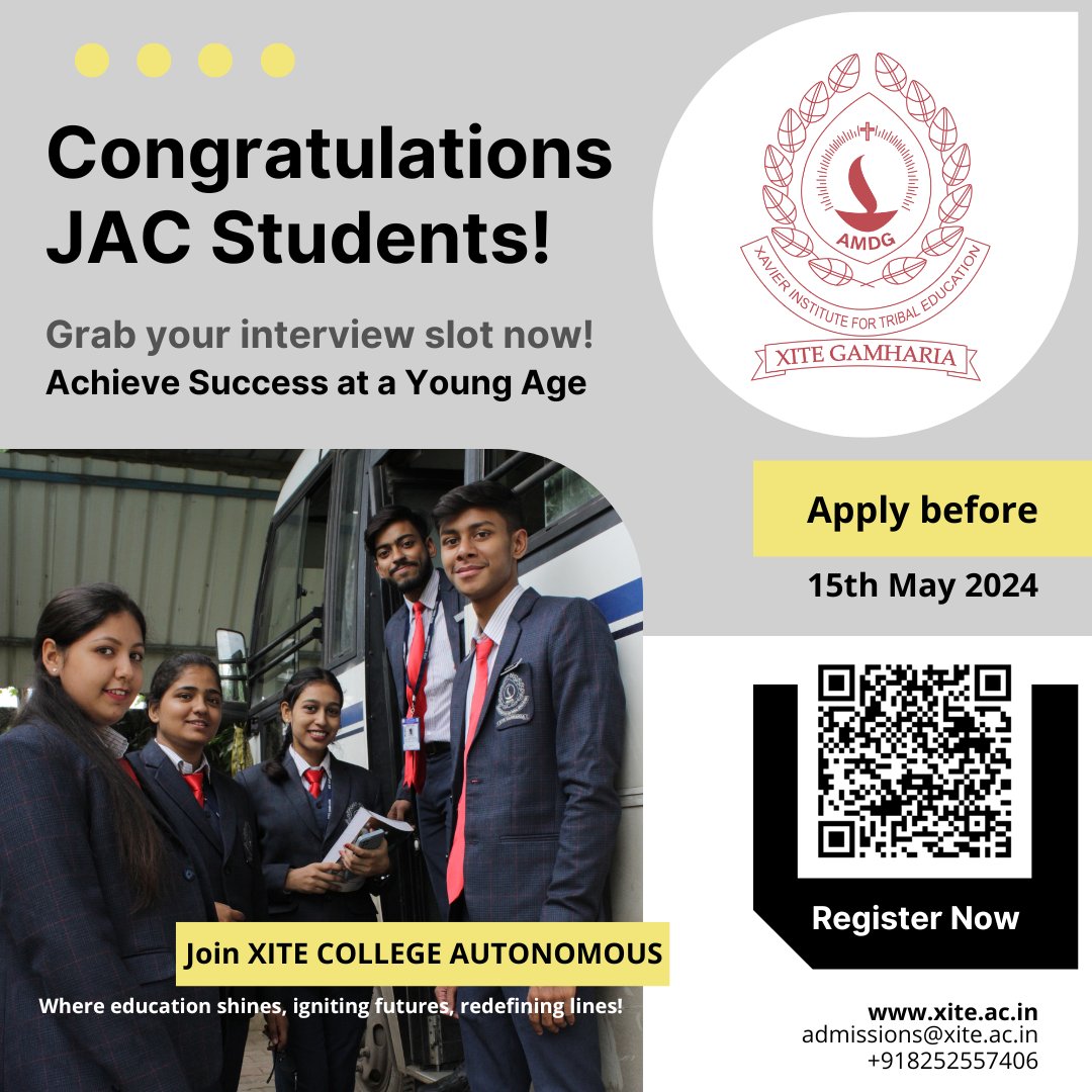 Congratulations to all JAC students on your 12th results!
It's time to take your next big step. Secure your future at XITE College Autonomous. Grab your interview slot before admissions close! Shape your success with us.

#JACResults #XITECollege #AdmissionsOpen #JAC #Enrollnow