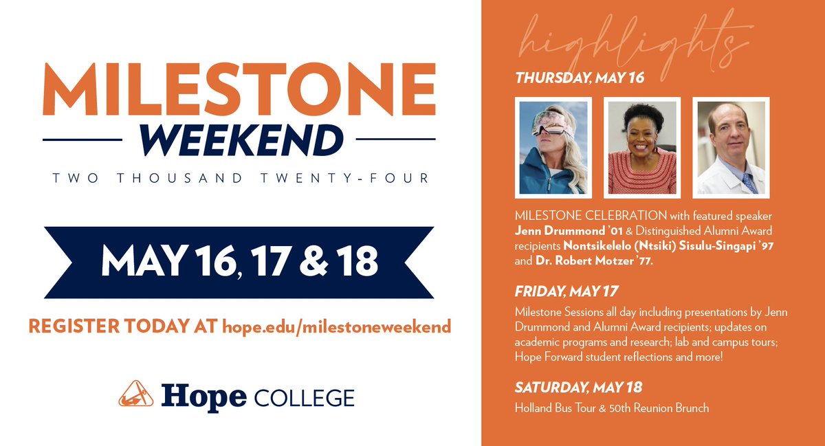 Join us for the Milestone Celebration on Thursday, May 16 at the Jack H. Miller Center for Musical Arts and the Haworth Hotel. Register today at hope.edu/milestoneweeke…. #HopeAlumni