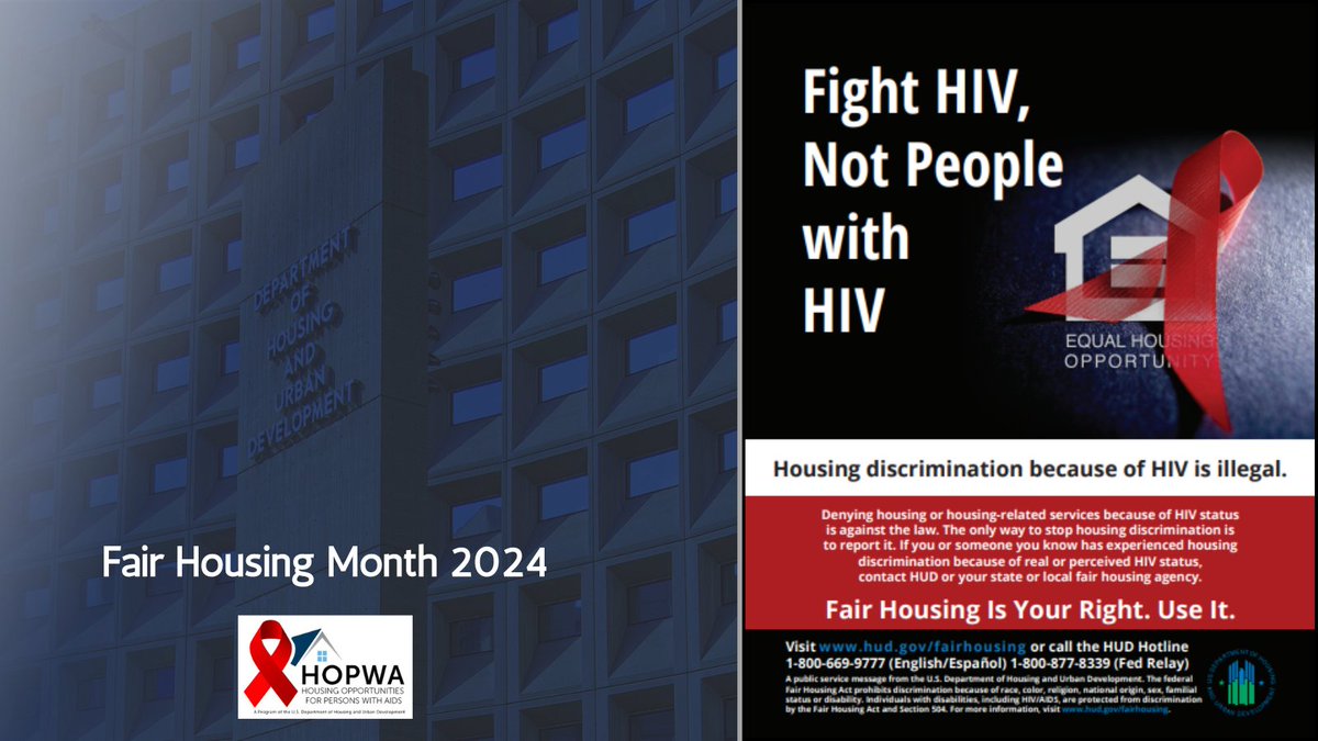 Housing discrimination because of HIV is illegal. Individuals with disabilities, including HIV/AIDS, are protected from discrimination by the Fair Housing Act. If you are experiencing housing discrimination, file a complaint here: hud.gov/program_office…

#FairHousingMonth #HIV