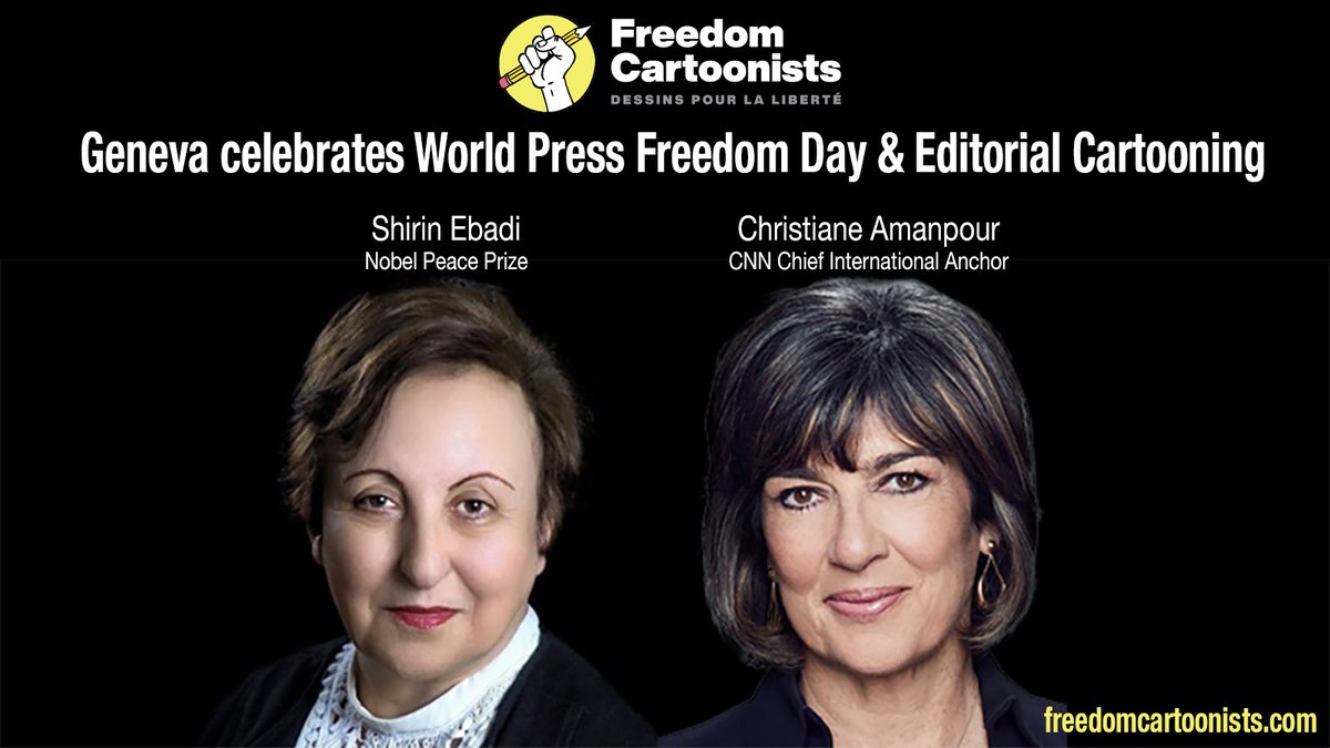 Excited to host Nobel Peace Prize laureate Shirin Ebadi and CNN's @amanpour in Geneva on May 3 2024, for the ceremony of the 2024 Kofi Annan Courage in Cartooning Award #WPFD2024 @freedomcartoons 👉 freedomcartoonists.com