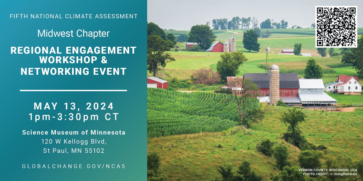 Join authors of the 5th National Climate Assessment for an in-person workshop! Participants will learn about NCA5’s regional findings and how to apply the information. Takes place on Monday, May 13 at the Science Museum of Minnesota. eventbrite.com/e/nca5-midwest…