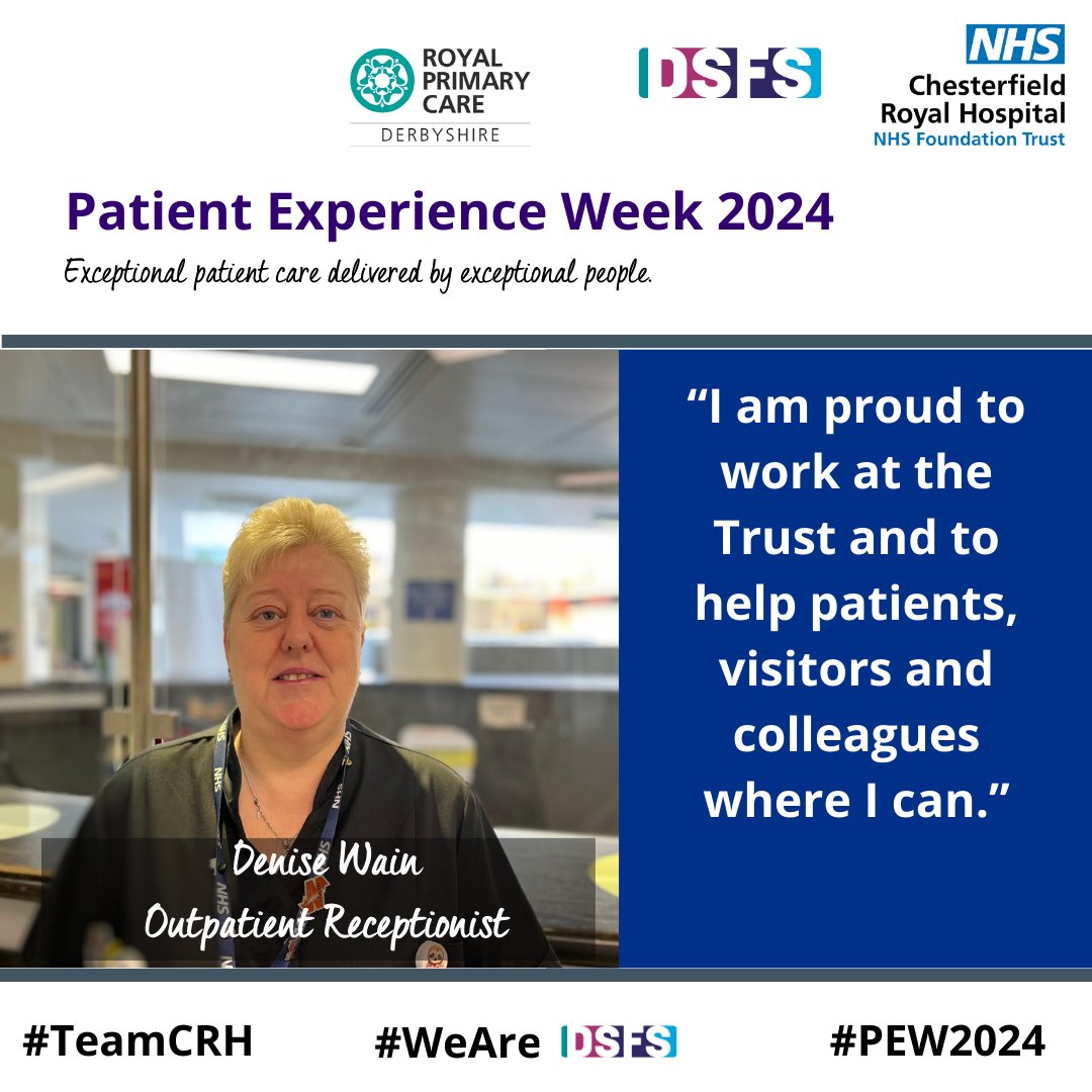 Celebrating #TeamCRH as part of #PatientExperienceWeek 👏

Denise Wain and Curtis Ledward are both Outpatient Receptionists at Chesterfield Royal Hospital. They check patients in and ensure they know where to go and have what they need for their appointment.