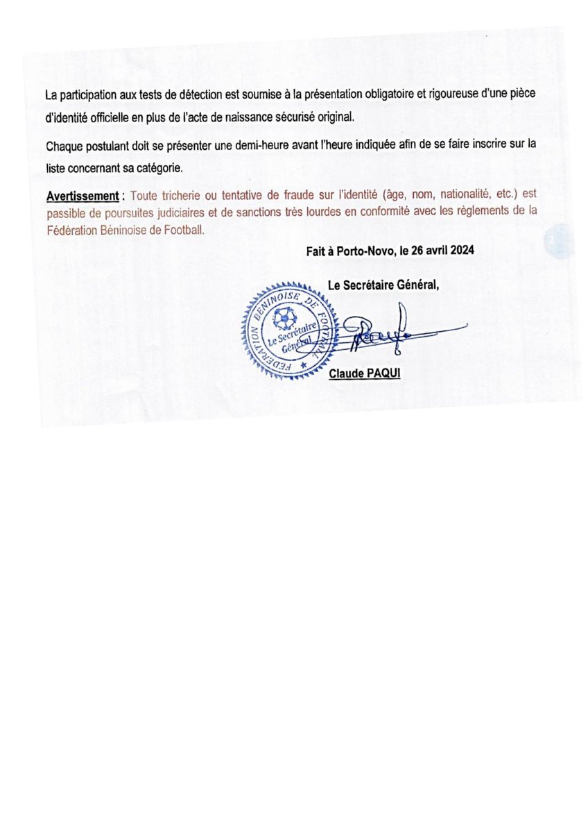 📢 TEST DE DÉTECTION COMPLÉMENTAIRE POUR LE CENTRE DE PERFECTIONNEMENT DE MISSÉRÉTÉ - FBF - FIFA

La Fédération Béninoise de Football lance des tests de détection complémentaires pour le Centre de Perfectionnement de Missérété. 

#FBF #FIFA #DétectionJeunes #Febefoot