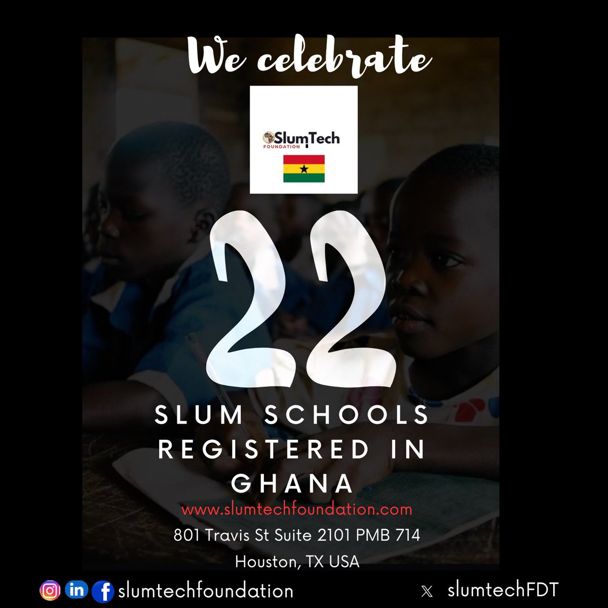 SlumTechFDT's tweet image. 🎉 Exciting Announcement! 🌟 22 slum schools in Ghana have successfully registered with SlumTech Foundation! This milestone will empower more youths in underserved communities with education and opportunities. Join us in celebrating this achievement! ✨📚 #SlumTechFoundation