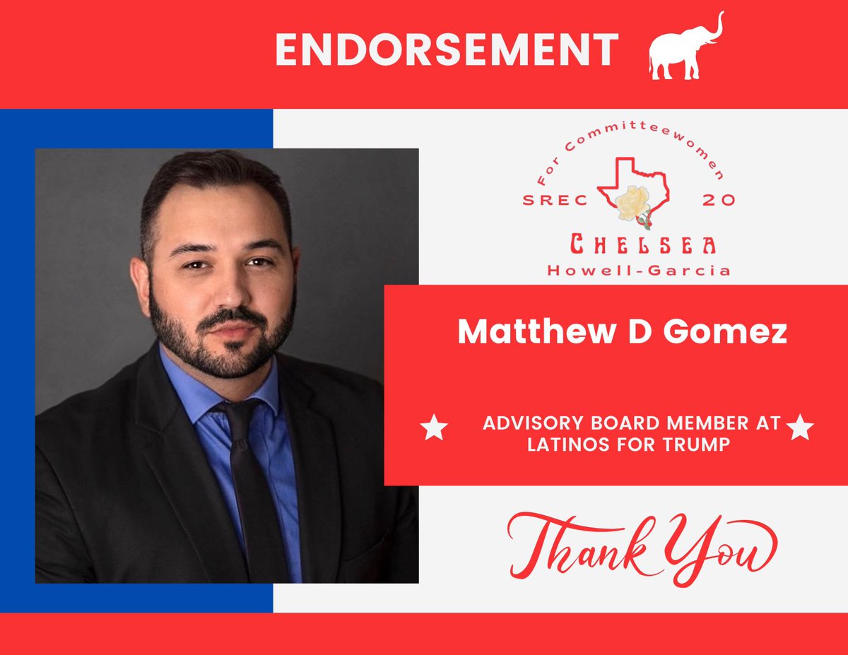 Excited to have the endorsement of Matthew D Gomez, advisory board member for Latinos for Trump! I look forward to working with you not only to keep Texas Red but also get DT back into office. 🇺🇸❤️#chelseaforsrec20 #somosrepublicanos #rpt #rptexas #texasgop #keeptexasred🇺🇸…