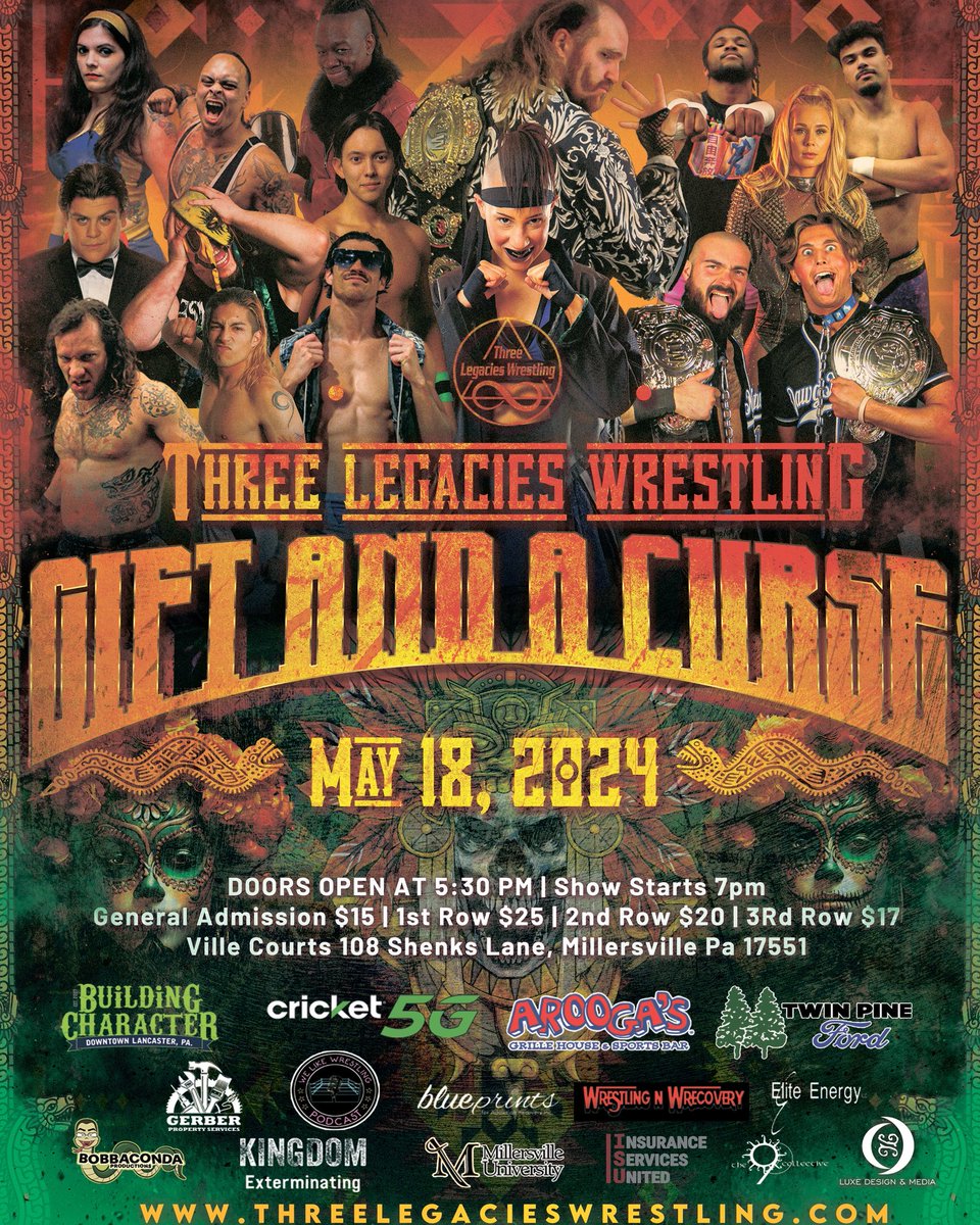 Three Legacies Wrestling Gift and a Curse May 18 threelegacieswrestling.ticketspice.com/gift-and-a-cur… Millersville, PA