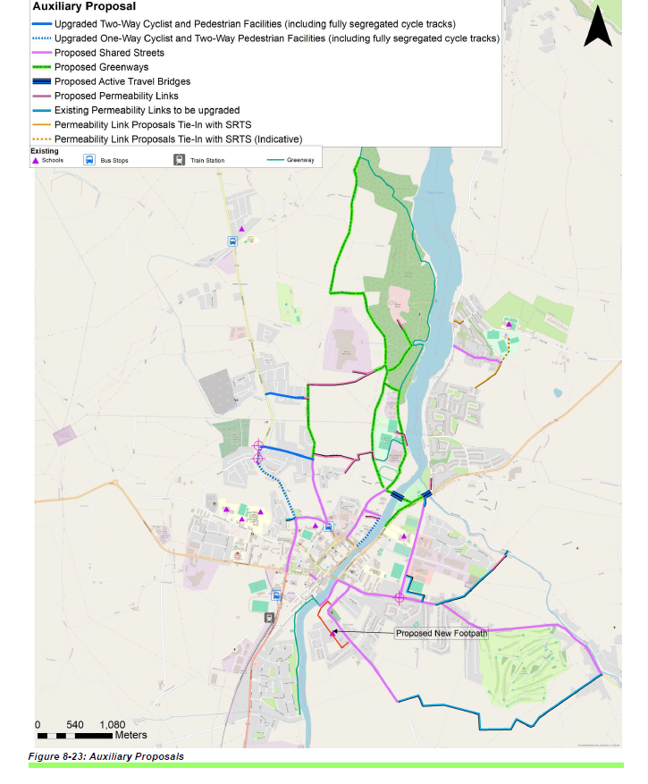 The Draft Ballina Local Transport Plan 2023 includes links between the Old French Road and Belleek.

The X marks where the solar insulation is planned, and the walking and cycling links are in purple -- at least one on the proposed site.