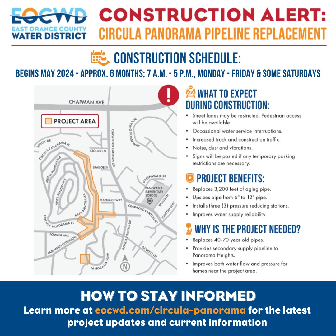 EastOCWD's tweet image. New project alert! East Orange County Water District will soon be conducting ongoing construction activities as part of the Circula Panorama Pipeline project. 

To learn more about the project, visit eocwd.com/circula-panora… #EOCWD #ConstructionAlert #ProjectsInProcess