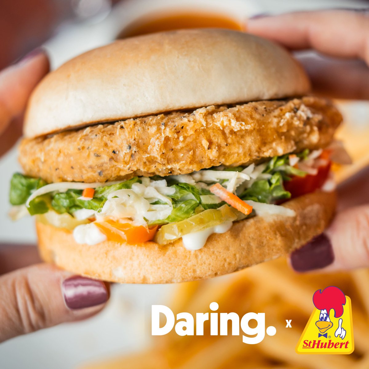 📣 Calling all Canadians 📣 Daring has officially landed in Canada! 🇨🇦 

We partnered with <a href="/sthubert/">St-Hubert</a> to bring you the new Crunchy Veggie Burger, a deliciously crispy and juicy sandwich made with our Plant Chicken Patty, fresh lettuce, tomatoes, onion, and St Huberts secret sauce.