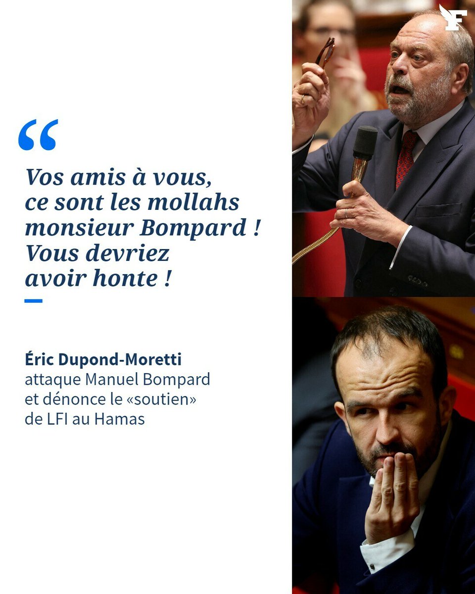 Éric Dupond-Moretti attaque Manuel Bompard à l’Assemblée nationale, alors que ce interpellait le gouvernement à propos de Mathilde Panot et Rima Hassan, entendues ce matin pour «apologie du terrorisme».→lefigaro.fr/politique/vos-…