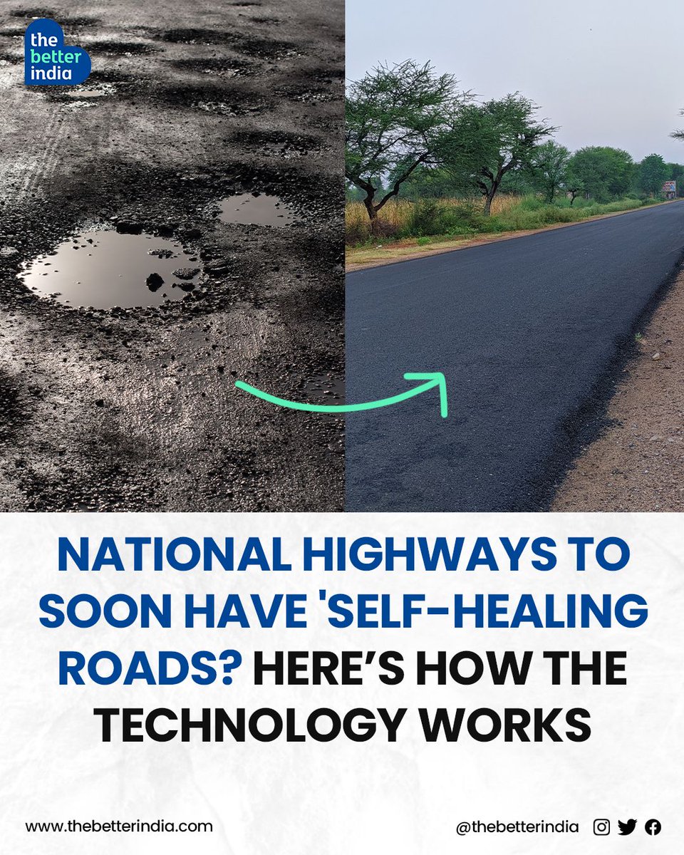 Imagine roads that repair cracks and potholes on their own! This reality may be closer than you think - NHAI is exploring 'self-healing' road tech! 

Swipe to know who invented this tech and how it works. >>