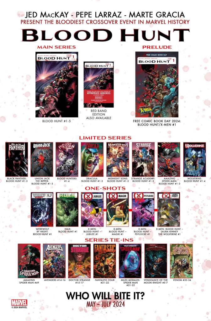 Marvel's bringing the return of their SUMMER crossover tradition ala AvX, Civil War & more back in a big way with BLOOD HUNT!!! Wanna get the ENTIRE 52-issue crossover? SAVE BIG with our BLOOD BUNDLES of the whole thing👉buythirdeyeordie.com/bloodbundles