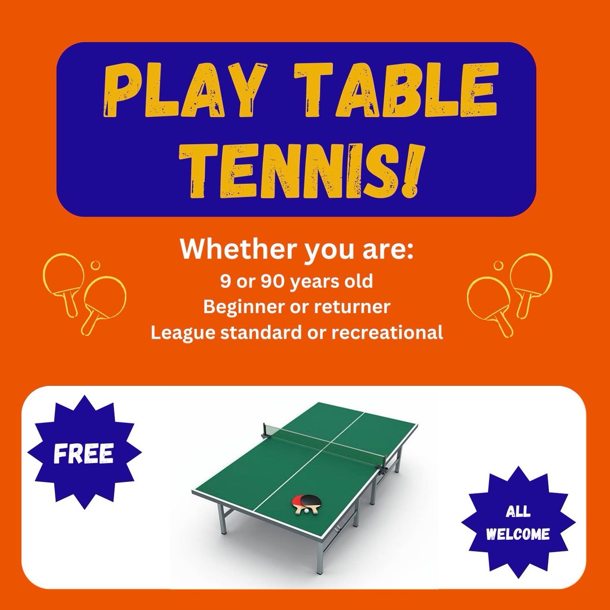 Dundee & District Table Tennis Association are holding 4 open sessions in our community space! Free All welcome Refreshments provided 11am - 1pm Sat 8th June Sat 15th June Sat 22nd June Sat29th June Questions? Phone: Erin 07733 306 768 Email: chairman@ddtta.co.uk