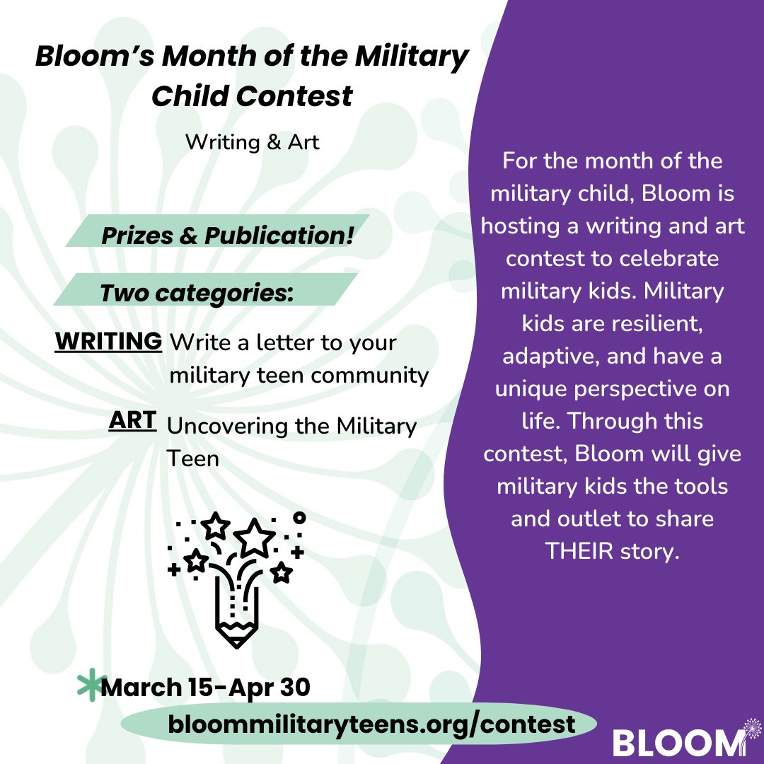 Today is the LAST day to enter Bloom's writing and art contest for Month of the Military Child! 💜 Tell your #MilTeen to submit their writing or art for a chance to be featured and to win some free merch. 😎 Enter here: bloommilitaryteens.org/contest