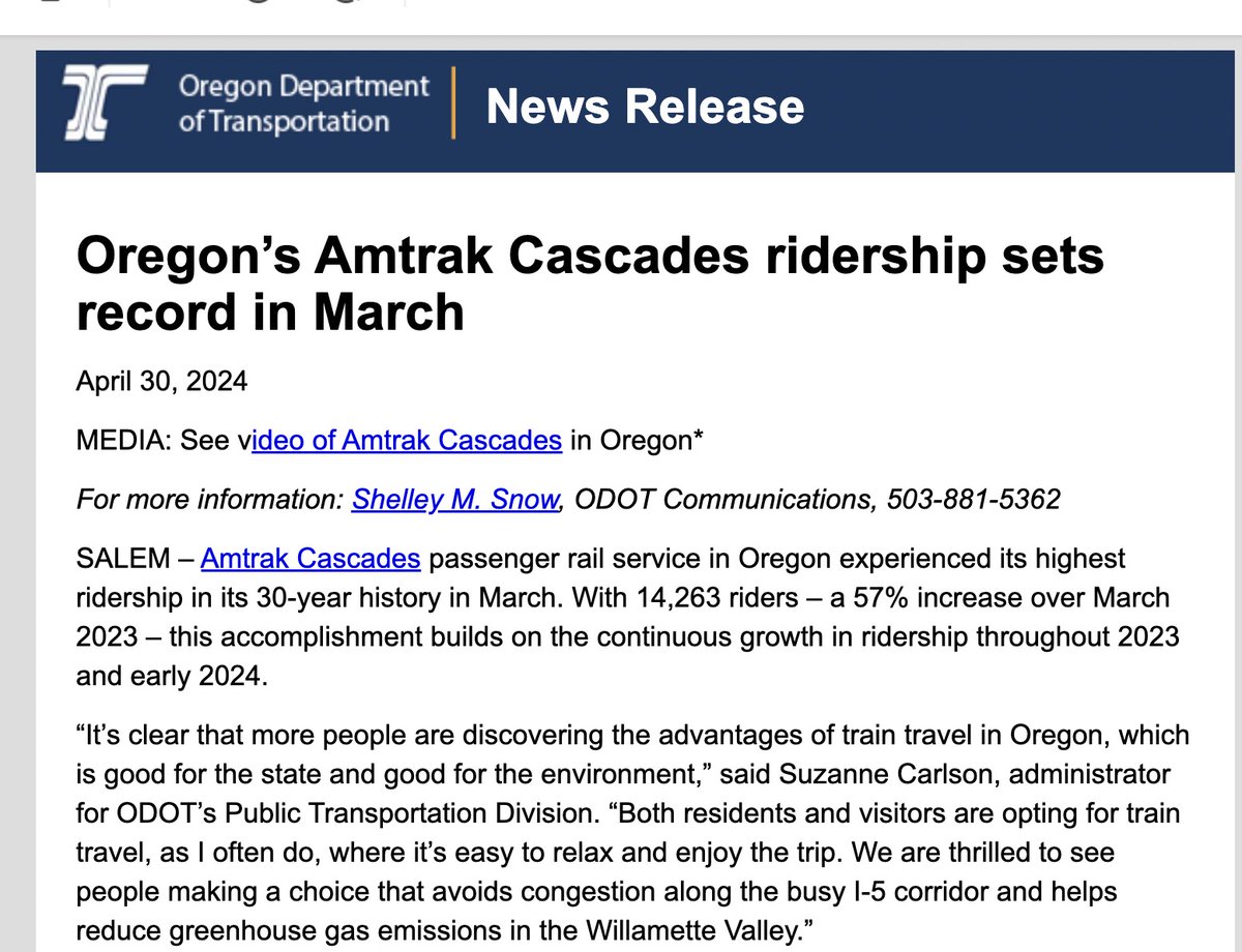 'Amtrak Cascades passenger rail service in Oregon experienced its highest ridership in its 30-year history in March. With 14,263 riders – a 57% increase over March 2023.  @APTA_info #aptamobility2024 #apta2024 

content.govdelivery.com/accounts/ORDOT…