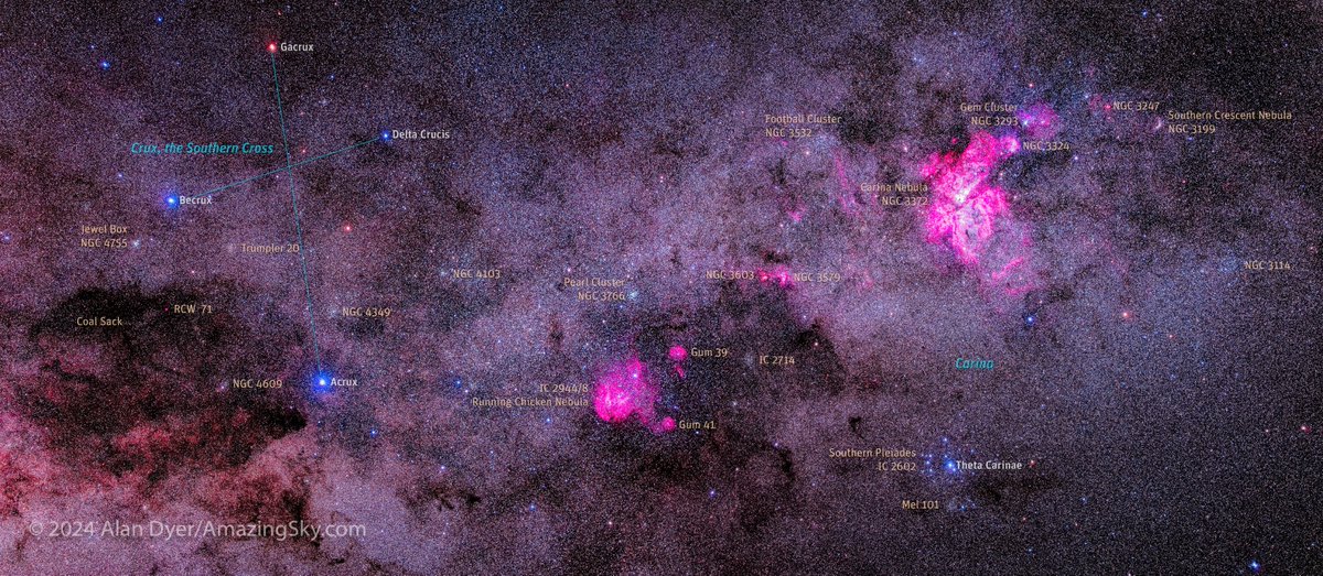 This is a panorama of one of the richest regions of the Milky Way, in Crux and Carina, replete with showpiece nebulas and star clusters, and the Southern Cross. Presented here in versions with and without labels. Shot from Australia in March 2024. Details in the Alt Text.